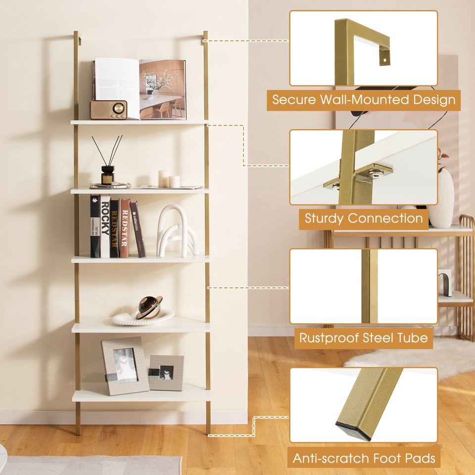5Tier Ladder Shelf Wall Mounted Tall Storage Rack Modern Open Display