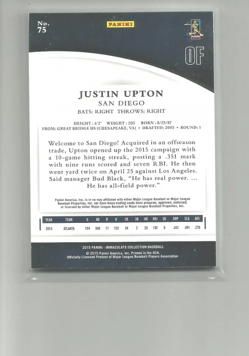 2015 IMMACULATE COLLECTION #75 JUSTIN UPTON  64/99 - Image 2 of 2