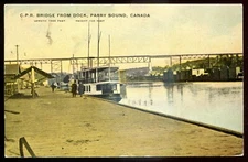 PARRY SOUND Ontario Postcard 1908 CPR Bridge Harbor Dock Steamer