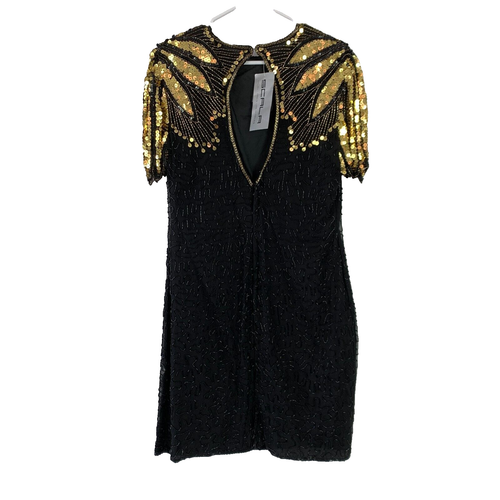 Vintage 90s Y2K Scala Silk Black Gold Sequin Shift Dress Size Petite XL XLP NWT - Picture 5 of 16