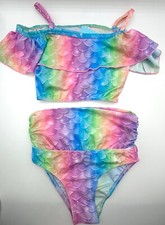 Shepretty Swim Girls Sz 10-11 140 Pink Rainbow Two Piece Mermaid Ruffle Bikini