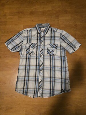 Deus Ex Macina Plaid Button-Up Short Sleeve Shirt SZ M white/blue PEARLSNAP