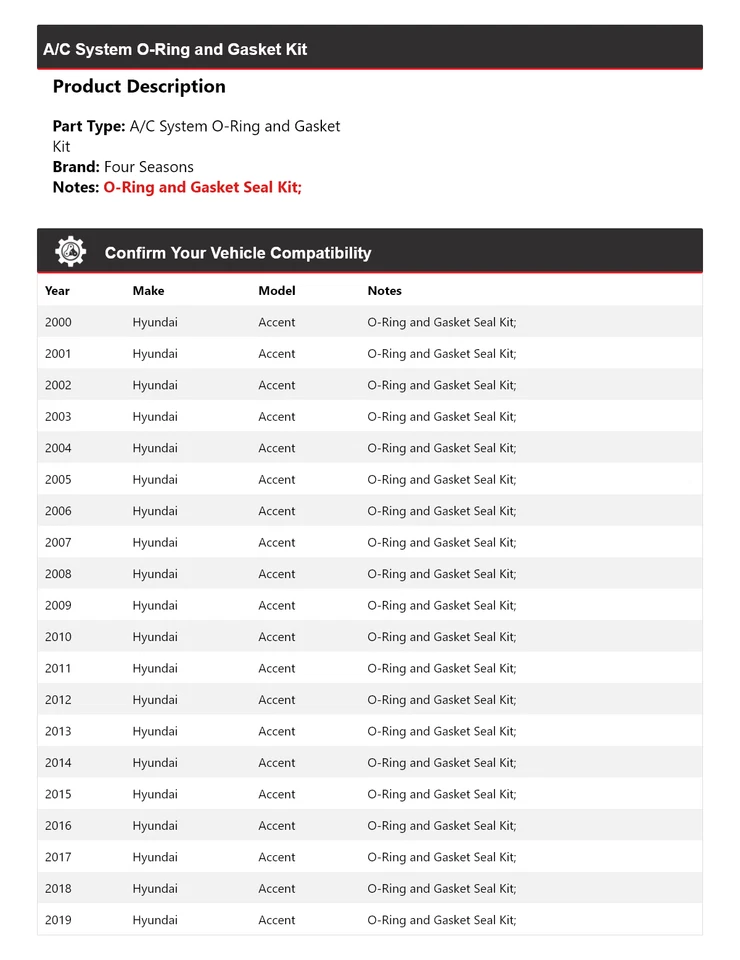 Kit de junta tórica y junta sistema de aire acondicionado Hyundai Accent 2000-2019 4 estaciones 2001 Foto 2 de 4