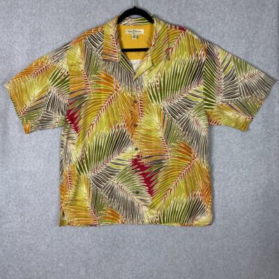 Tommy Bahama Mens XL 100% Silk Hawaiian Shirt Palm Leaves Loop Collar Button Up