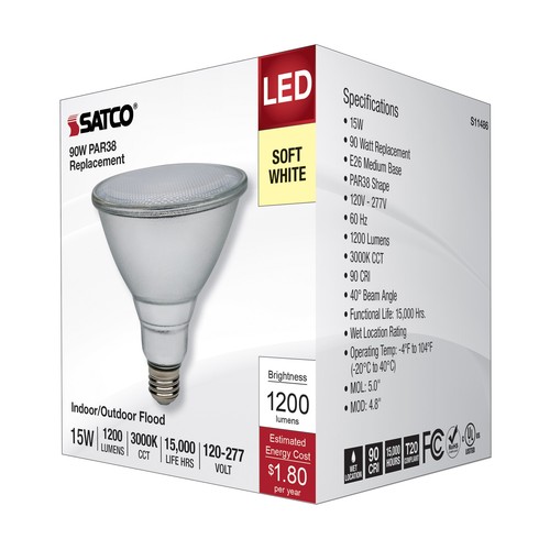 40 Degree Flood LED 120-277V 15W =90W PAR38 Medium E26 Silver 3000K Soft White - Picture 7 of 9