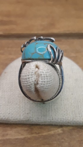 Vtg. Alexandria Coll. Turquoise Cabochon Lotus Floral Sterling Silver Ring Sz. 6 - Afbeelding 5 van 9