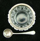 J.S. & S  STERLING SILVER  OPEN SALT SPOON W GLASS SALT CELLAR