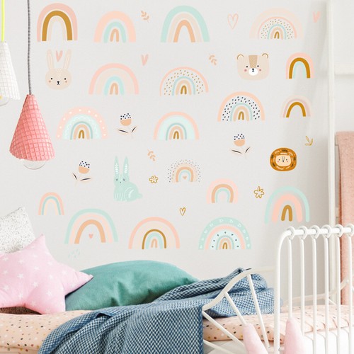 Cute Rainbow Wall Sticker Decals Nursery Animals Bunny Lion Love Heart - Picture 6 of 6