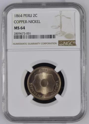 1864 Peru 2 Centavos 2C NGC MS64 FROSTY LUSTER Scarce This Nice Copper-Nickel