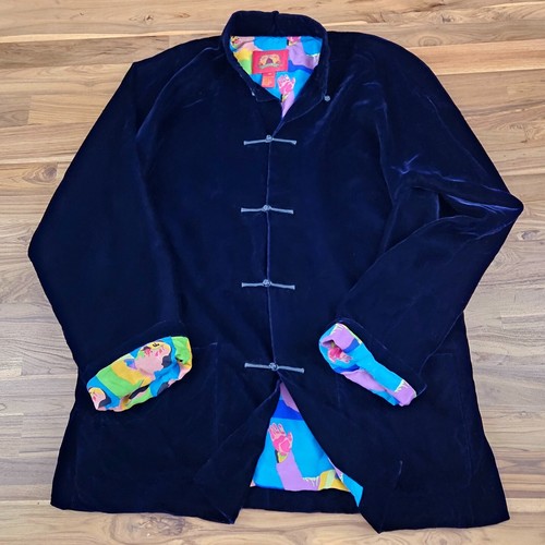 Shanghai Tang Mens Mao Waving Velvet Jacket Silk Lined, Size 40, Dark Navy Blue