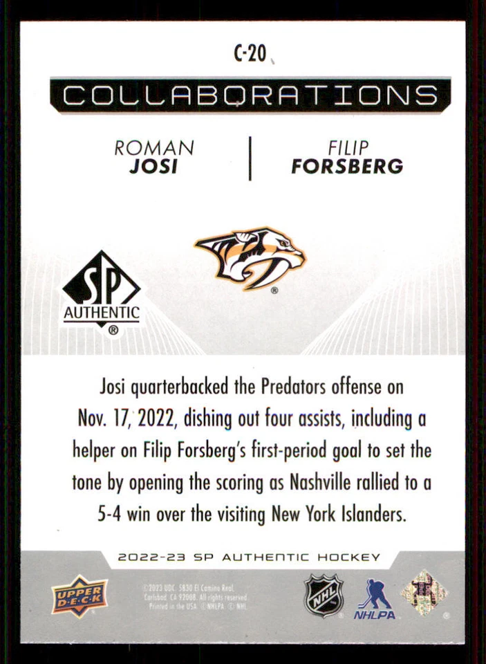 2022-23 SP Authentic Collaborations #C20 Roman Josi/Filip Forsberg - Image 2 of 2