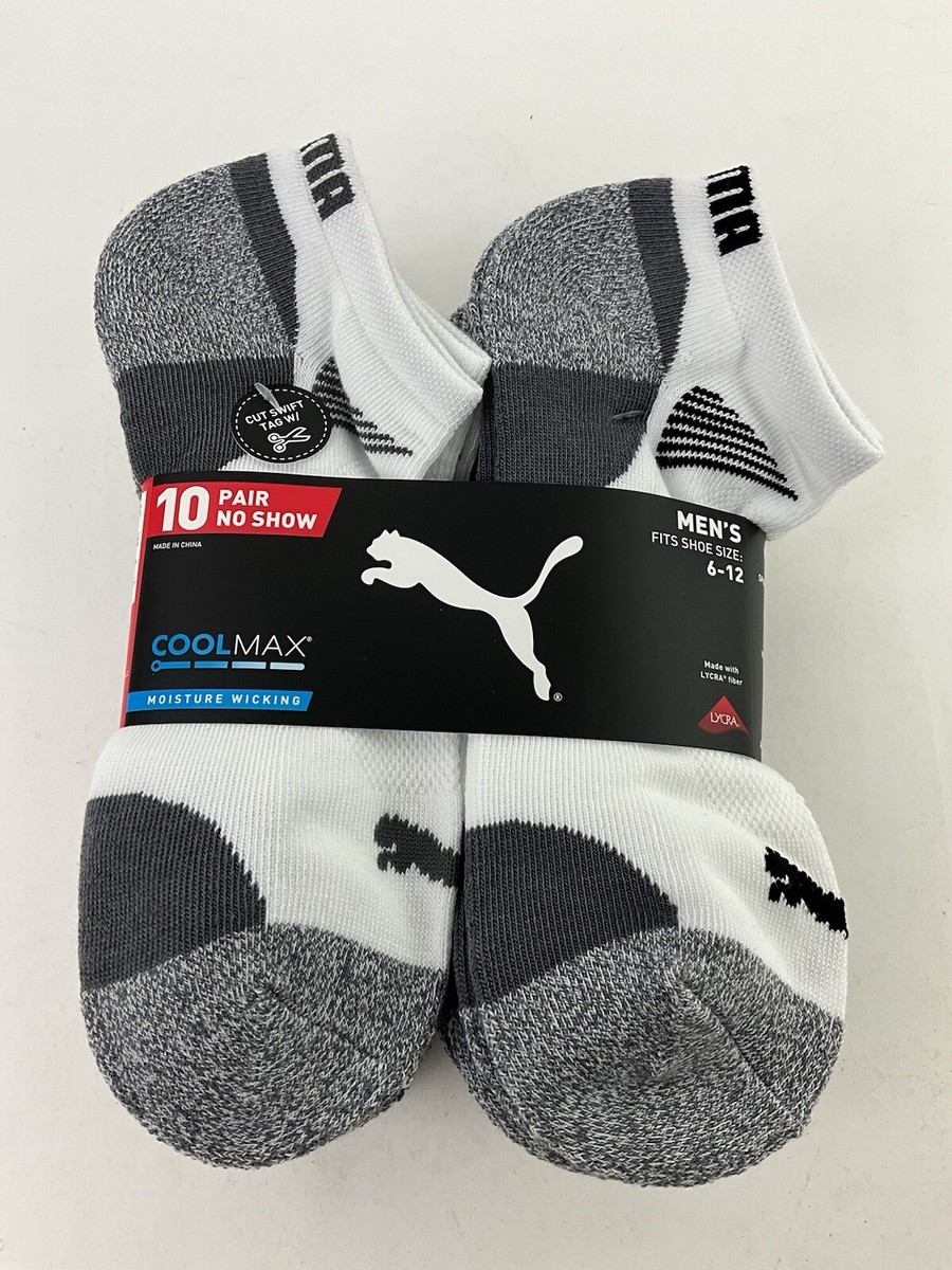 10 Pair Puma Mens No Show Socks White Grey Size 6-12 Coolmax