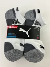 10 Pair Puma Mens No Show Socks White Grey Size 6-12 Coolmax Moisture Wicking
