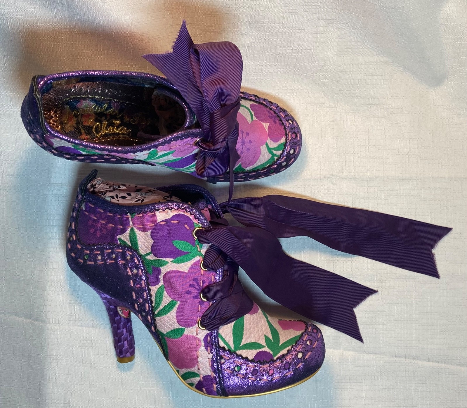 Irregular Choice Abigail’s 3rd Party Purple Floral Brocade Ribbon Heels EU41 EUC