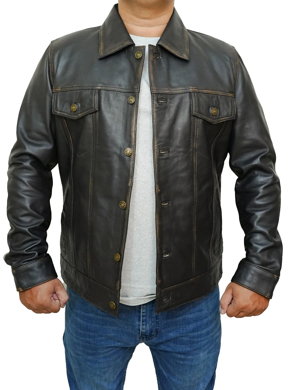 Men' New Moto Biker Trucker Bomber Real Lambskin Vintage Brown Leather Jacket