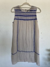 Vanessa Virginia Dress Women’s S Shift Tan Blue Embroidered Sleeveless Sz Small