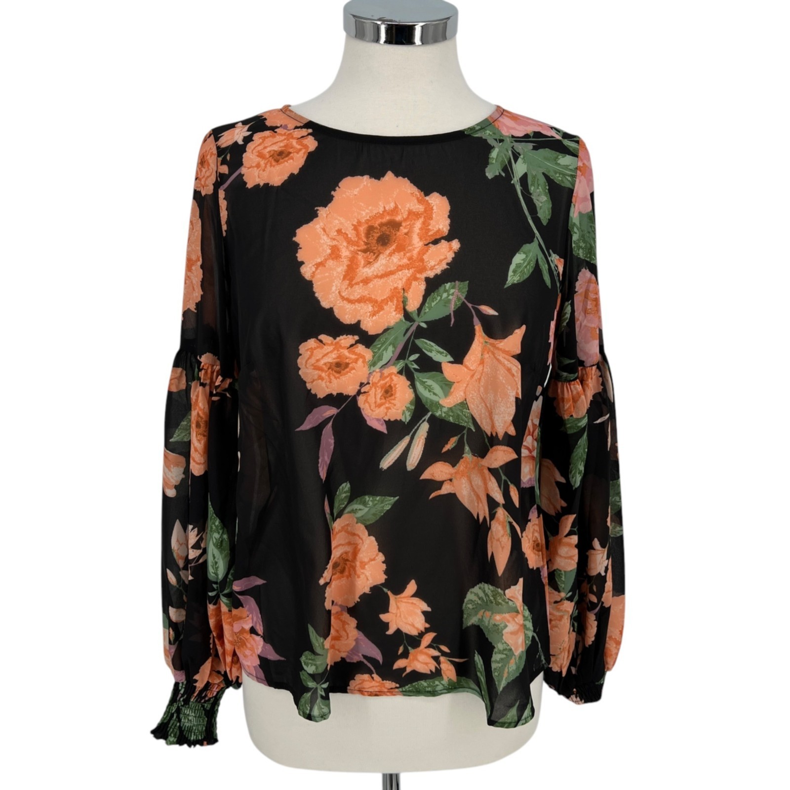 Vici Black Orange Floral Puff Sleeve Blouse Size Small
