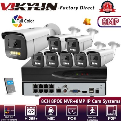 VIKYLIN 8CH 8POE NVR Systems Full Color Bullet 8MP 4K IP CAMERA MIC Outdoor Lot