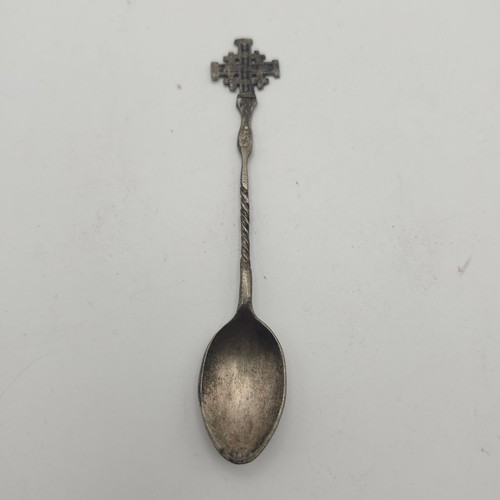 Jerusalem Cross Souvenir Spoon 4" Twisted Handle Holy Land Israel Silver Tone