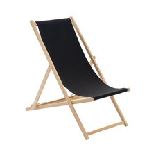 Folding Wooden Deck Chair Adjustable Reclining Canvas Beach Lounger Black