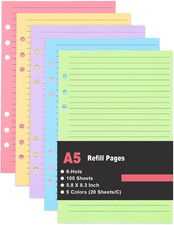 A5 Filler Paper, 6 Hole Colorful Refills, Lined Paper for 6 Ring Binder, 100 She