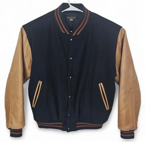 Brooks Brothers 80s Varsity Jacket Navy Blue Wool Leather Mens Large