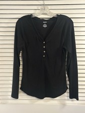 Sonoma Black Knit Button Front Stretch V-Neck Long Sleeve Top M