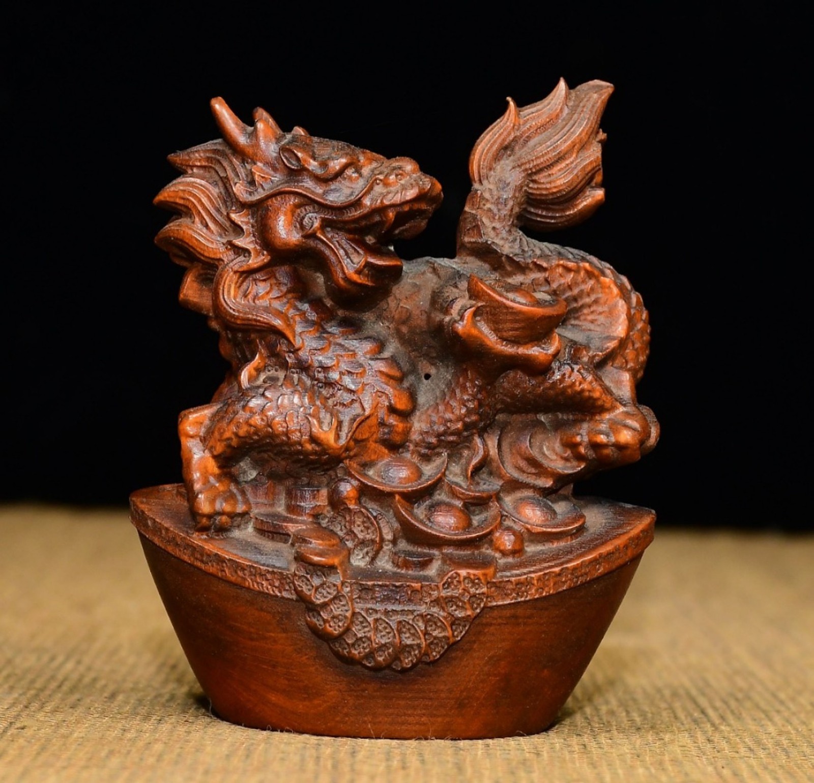 Vintage Wood Wooden Carved Figure Figurine Dragon Chinese Carving Wealth