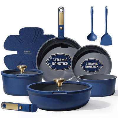 CAROTE Blue&Gold Ceramic Cookware Set Non Toxic, PFAS Free,15Pcs Pots and Pans S