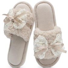 GOEWY Women's Open Toe Memory Foam Slippers - Cute Fuzzy House 7-8, Sandy