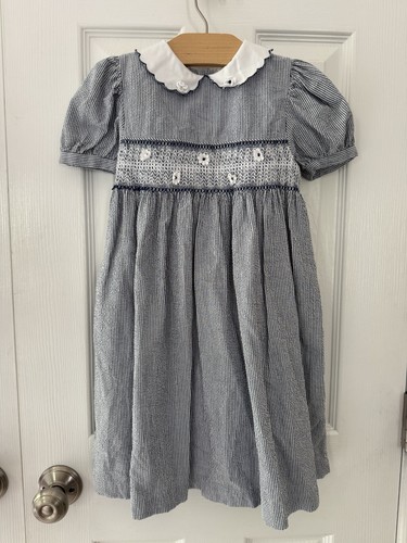 b.t.kids Dress 4T Blue White Striped Seersucker Embroidered Flowers Nautical VTG - Picture 12 of 12