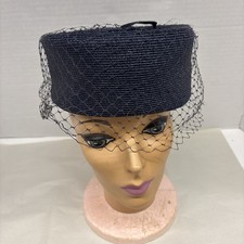 Vintage Navy Blue pill box hat Union Made with Netting  bow