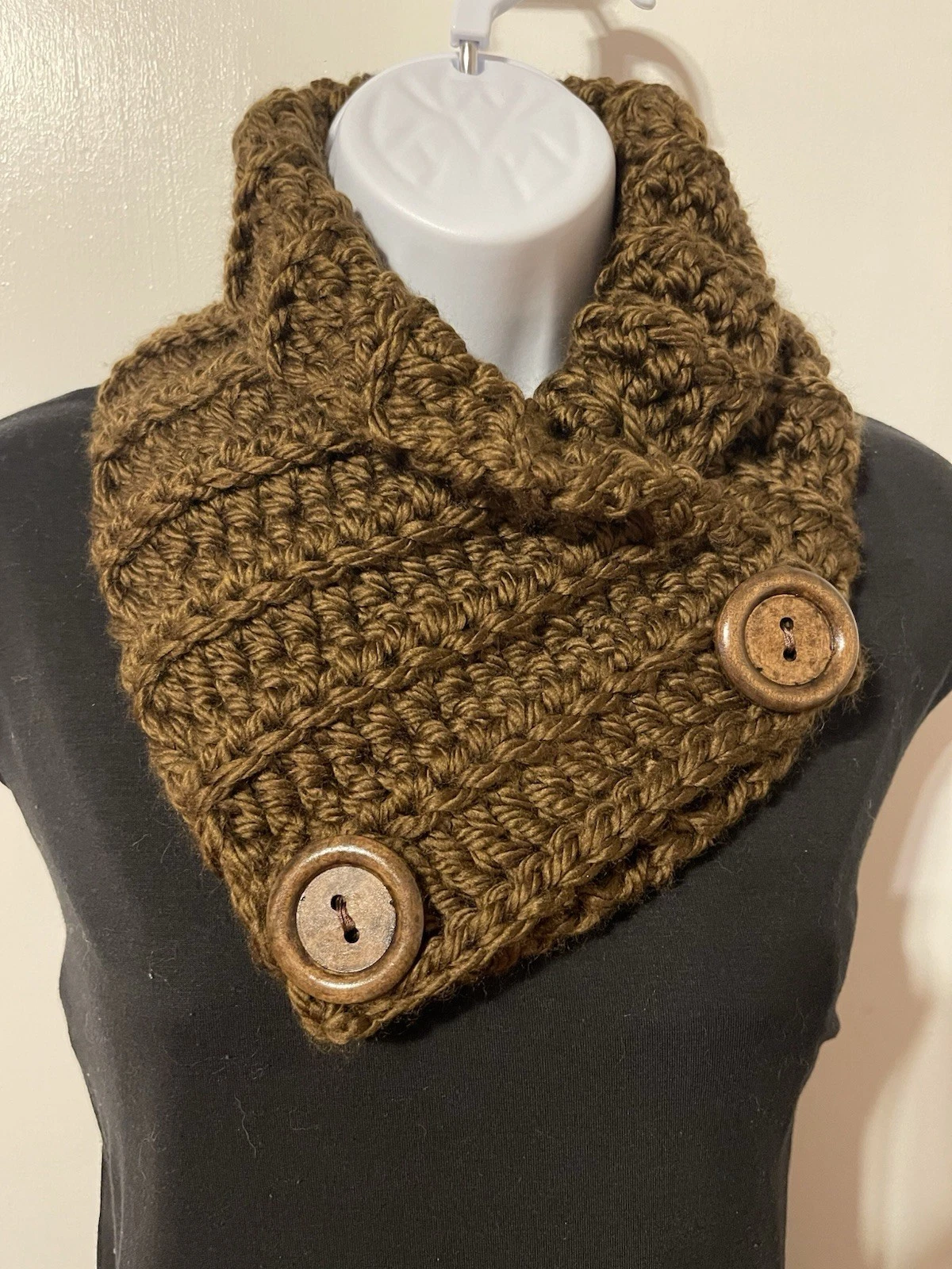 NECK WARMER SCARF Chocolate BrownSoft Handmade Crochet Knit Buttoned Winter Cowl
