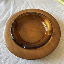 Vintage Amber Glass 4 Slot Cigarette Cigar Ashtray Large 8.5” w/ Wood Base