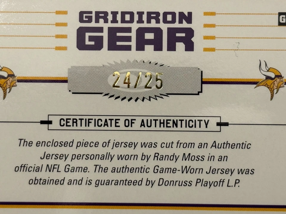 Serial # 24/25 Randy Moss 2004 Donruss Elite Gridiron Gear Yellow Jersey GG-19 - Image 3 of 3