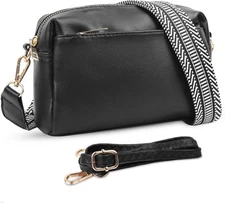 VOROLO Crossbody Bag Small Leather Triple Zip Purse Black With Rope 