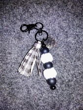 HANDMADE BLACK AND WHITE SILICONE BEAD KEYCHAIN WITH CHARM AND TASSEL F 
