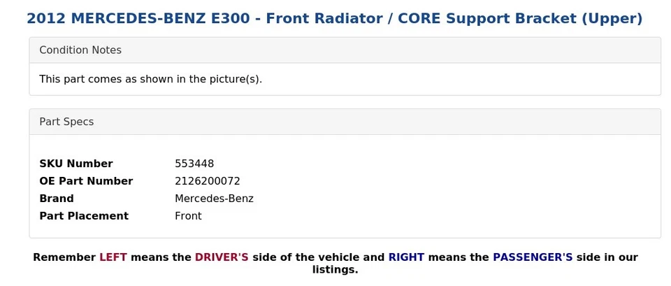 Mercedes-Benz E300 2012 - radiador delantero/soporte de soporte central (superior) Foto 4 de 4