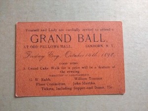 1898 Grand Ball Invitation - Odd Fellows Hall - Sanborn New York