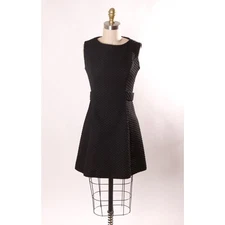 1960s Black Waffle Textured Polyester Sleeveless Back Buckle Mini Dress -XS