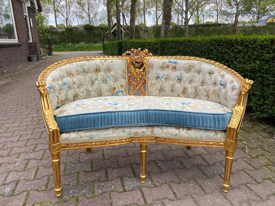 Sofá Sofá Sofá Francés Luis XVI Vintage Dorado Pistacho Damasco Madera Sofá Foto 3 de 4