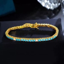 Lab Created Turquoise Women Fancy Beauty Tennis Bracelet 14K Yellow Gold Plated