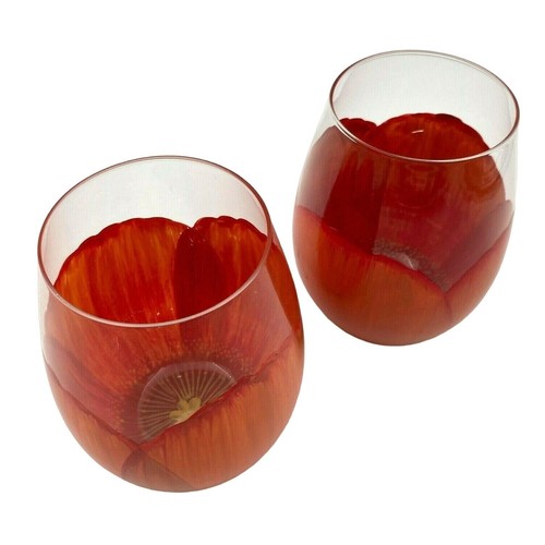 Copas de vino pintadas a mano sin tallos naranja flor amapola diseño oculto, conjunto de 2 - Imagen 3 de 7