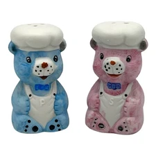 Vintage Ceramic Salt & Pepper Shakers Happy Bears w/ Aprons Pink S Blue P 3.25”