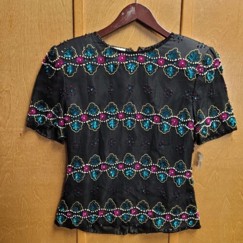 Stenay Silk Blouse Beaded Sequin Short Sleeve Top… - image 1