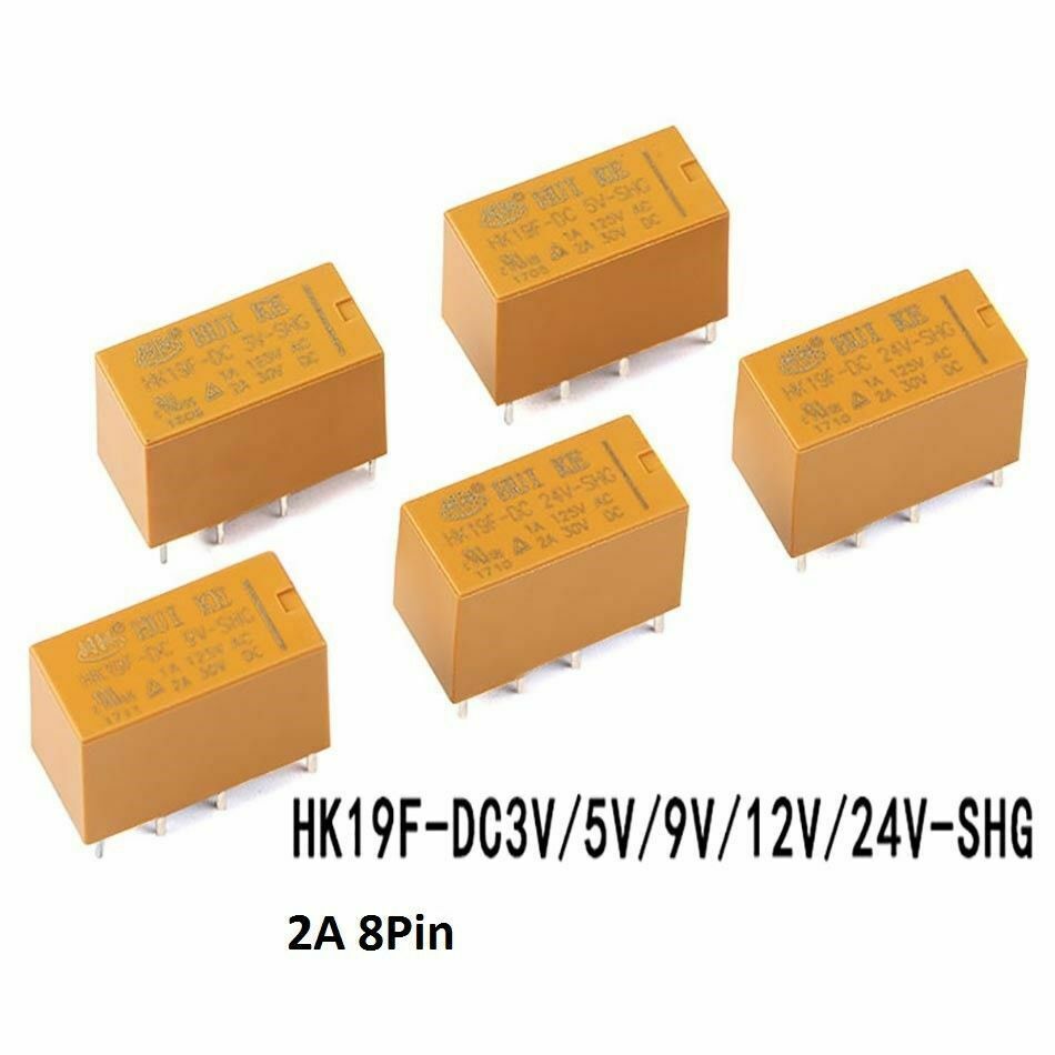 Original HUIKE Yellow Mini Power Relays HK19F-DC3V 5V 9V 12V 24V-SHG 2A ...