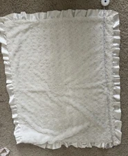 First Impressions White Baby Crib Blanket Satin Ruffle Plush Swirls