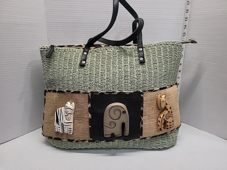Cartera grande tejida para mujer asas de cuero animales verde bolsillo con cremallera