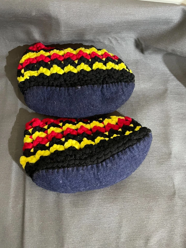 Vtg Nylon Slipper Handmade Knit Orange Yellow Blue-Padded foot - Rare - Retro - Image 3 of 4