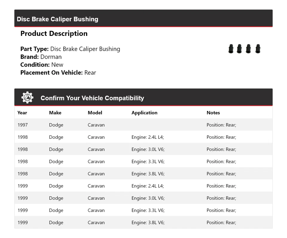 Buje de pinza de freno de disco trasero 1998 para Dodge Caravan Dorman 1997-1999 Foto 2 de 4